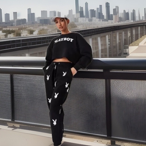 PLAYBOY Black Long Sleeve Crop Hooded W/ PLAYBOY On Front Sweatshirt - Picture 2 of 5